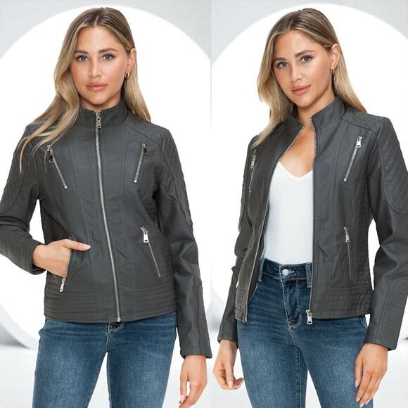 Charcoal Gray Faux Leather Zip Up Mock Neck Jacket XL NWT - Snobbish - Picture 1 of 16